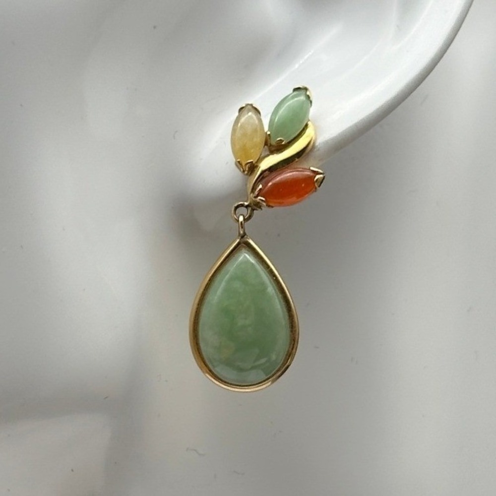 Multi Color Jade Jadeite Drop Earrings 14k Gold Pear Green Orange Yellow EA 8g